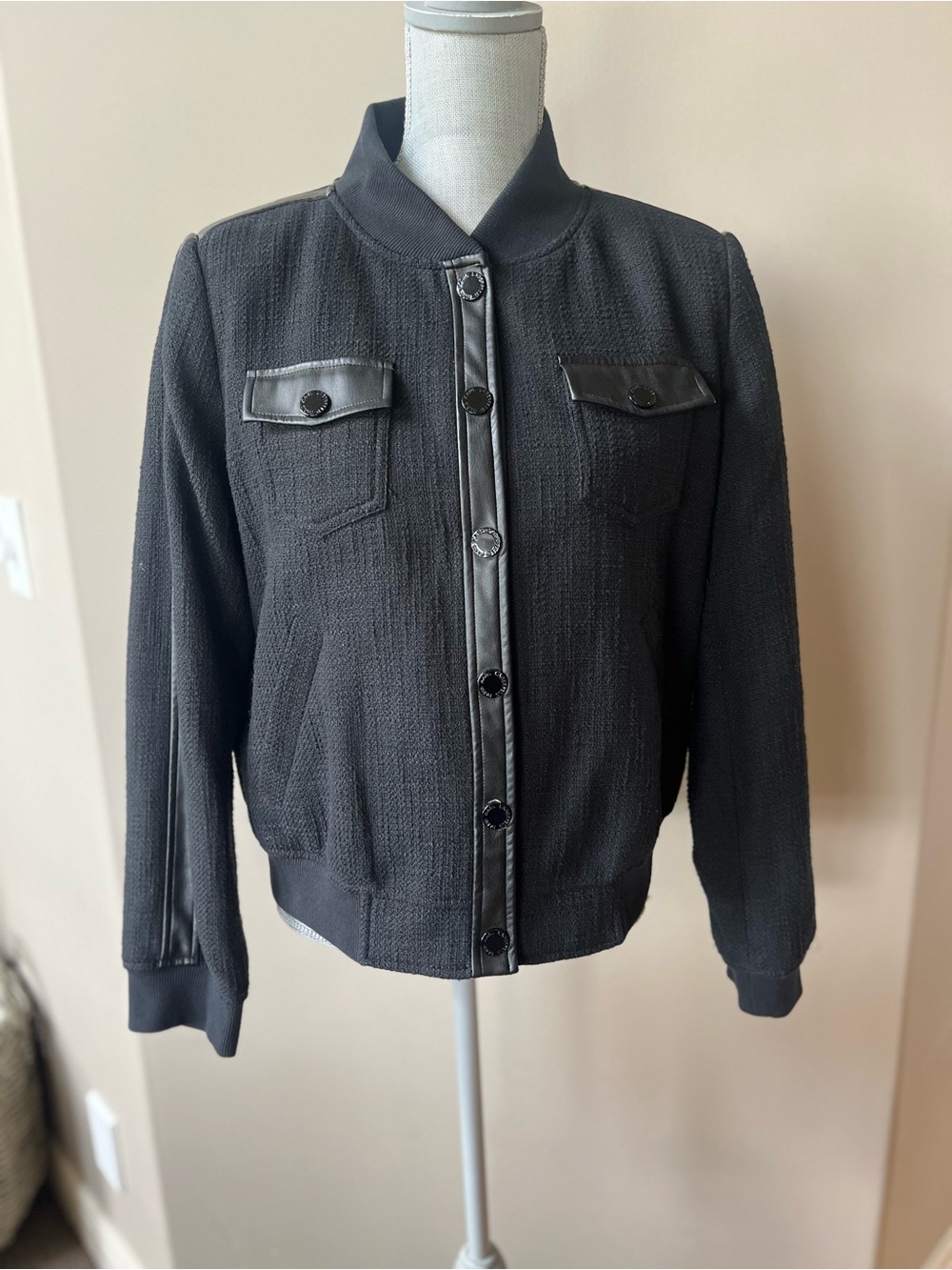 Karl Lagerfeld Black Textured Bomber Jacket with Faux Leather Trim